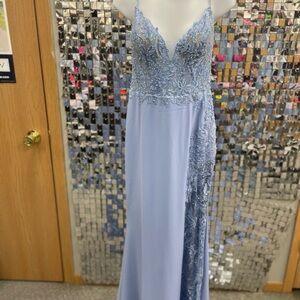 Blue Lace Prom Dress with Spaghetti Straps
